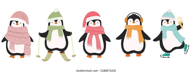 Set of cute christmas penguins isolated on white background. Vector illustration in flat cartoon style for greeting cards, season greetings, web, wrapping papper end other design.