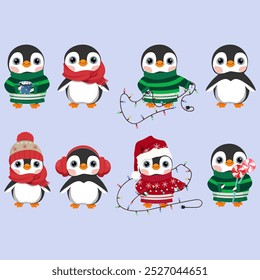 Set of cute Christmas penguins on isolated background. Vector illustration.