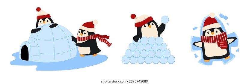 A set of cute Christmas penguins playing with snow and making igloo.