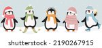 Set of cute christmas penguins. Vector illustration in flat cartoon style for greeting cards, season greetings, web, wrapping papper and other design.
