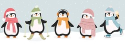 Set Of Cute Christmas Penguins. Vector Illustration In Flat Cartoon Style For Greeting Cards, Season Greetings, Web, Wrapping Papper And Other Design.