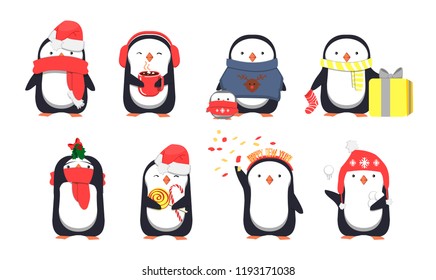 Set of cute Christmas penguins. Vector illustration