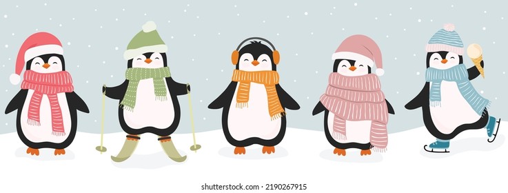 Set of cute christmas penguins. Vector illustration in flat cartoon style for greeting cards, season greetings, web, wrapping papper and other design.