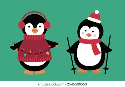 Set of cute Christmas penguins vector illustration.
Flat style christmas penguin clipart.