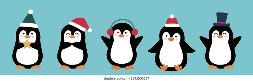 Conjunto de bonito Natal pinguins ilustração vetor.
Clipart de pinguim de Natal de estilo plano.