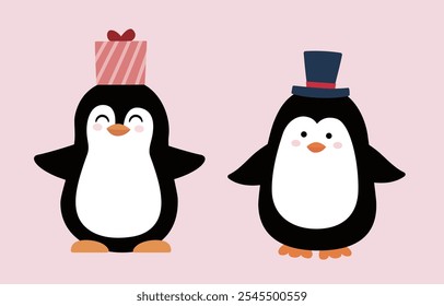 Set of cute Christmas penguins vector illustration.
Flat style christmas penguin clipart.