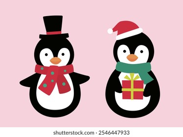 Conjunto de bonito Natal pinguins ilustração vetor.
elemento de pinguim de natal de estilo plano.