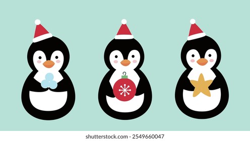 Set of cute Christmas penguins vector illustration.
flat style christmas penguin element.
