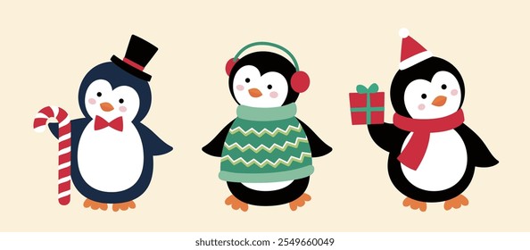 Set of cute Christmas penguins vector illustration.
flat style christmas penguin element.
