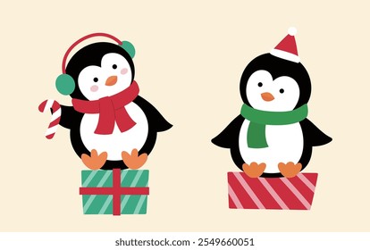 Set of cute Christmas penguins vector illustration.
flat style christmas penguin element.
