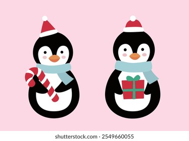 Set of cute Christmas penguins vector illustration.
flat style christmas penguin element.
