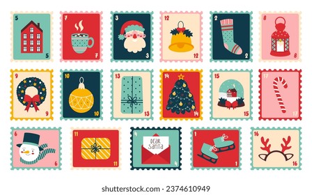 Set of cute christmas postage stamps isolated on white background.