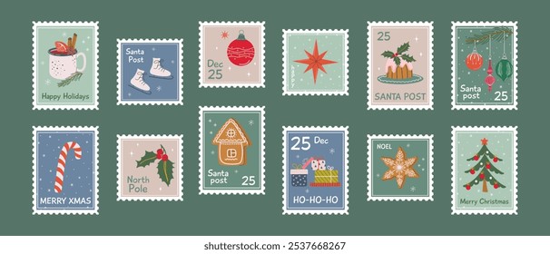 Set of cute Christmas postage stamps. Vintage xmas posters. Winter holiday prints for cards and textile. Hand drawn flat design vector illustration.
