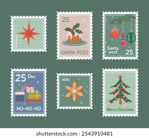 Set of cute Christmas postage stamps. Vintage xmas posters. Winter holidays prints for greeting card and textile. Hand drawn flat design vector illustration.
