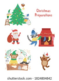 Set with cute Christmas preparation scenes. Animals decorating tree, baking cookies, hanging stockings on a fireplace. Winter illustration with smiling characters. Funny card design. New Year print 
