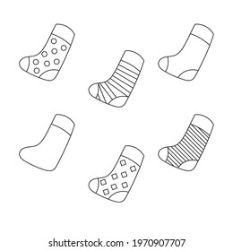 Set of cute Christmas present socks. Isolated outline elements for coloring pages in the white background. Flat style illustration.