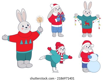 Set of cute Christmas rabbit characters. Rabbits for the New Year and for Christmas.  Vector illustration.