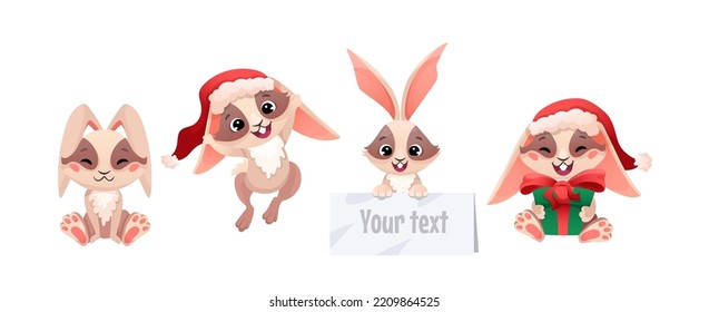Set of cute Christmas rabbits. Bunny in Santa hat and gift box isolated on white background. Happy Chinese new year 2023 concept. Vector cartoon illustration for greeting cards, posters, banners
