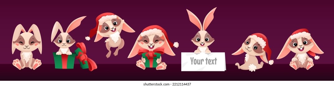 Set of cute Christmas rabbits. Bunny in Santa hat with gift box, board for text. Happy Chinese new year 2023 concept. Vector cartoon illustration for greeting cards, posters, banners