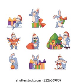 Set of Cute Christmas Rabbits, Cartoon New Year Bunny, Funny Xmas Animal Personages In Santa Hat And Sweater Holding Gift Box, Decorate Fir-tree with Garland, for Winter Holidays. Vector Illustration