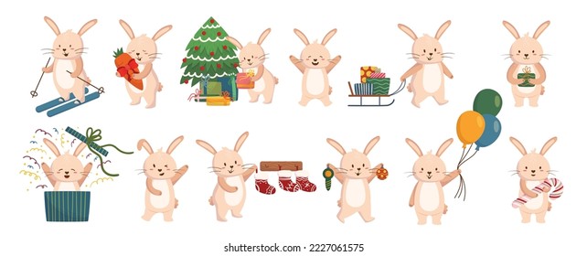 Set of Cute Christmas Rabbits, Cartoon New Year Bunny, Funny Xmas Animal Personages Holding Gift Box, Carrot, Candy Cane, Balloons, Skiing, Decorate Fir-tree for Winter Holidays. Vector Illustration