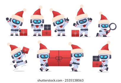 Set of cute Christmas robots with gifts in different poses. Festive vector character on isolated background