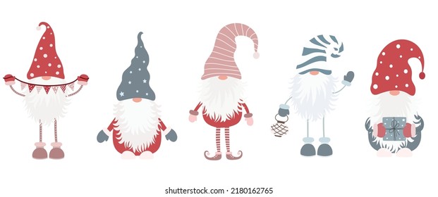 Set of cute christmas scandinavian gnomes isolated on white background. Vector illustration in flat cartoon style. Nordic christmas elements for greeting cards, web, wrapping papper end other design.