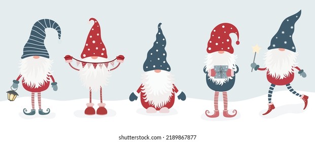 Set of cute christmas scandinavian gnomes isolated on white background. Vector illustration in flat cartoon style. 