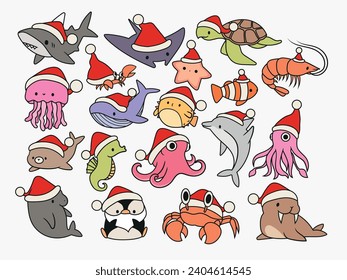 Conjunto de lindos animales de mar de Navidad. Colección de habitantes submarinos celebrando el Año Nuevo con sombreros de Santa Claus. creación oceánica. Ilustración vectorial para tarjetas de vacaciones.