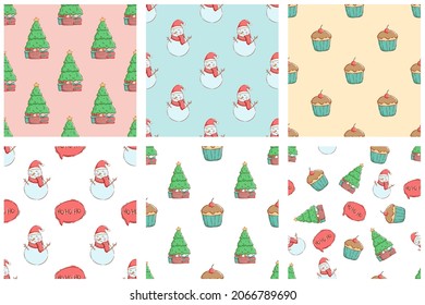 set of cute christmas seamless pattern. hand drawing christmas pattern with christmas tree, snowman and cupcake