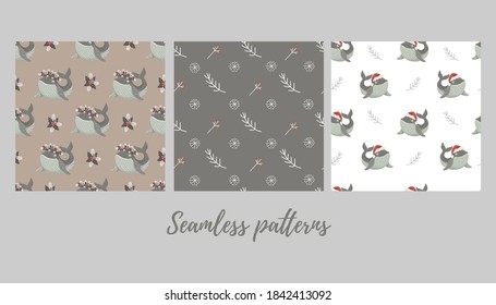 Set cute christmas seamless patterns and baby whale in santa hat   in winter wreath   Vector illustration