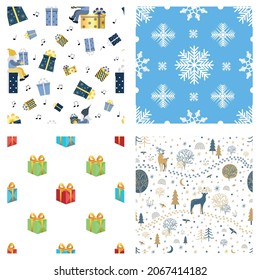 Set of cute christmas seamless patterns. Gnomes, gift boxes, snowflakes, deer, traces, plants on white and blue backgrounds. For greeting wrapping paper, textile, cover design. Vector illustration.