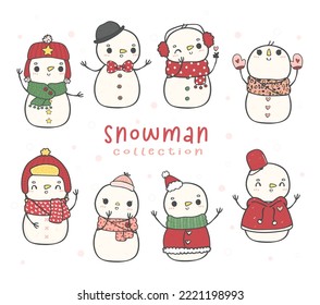 set of cute Christmas snowman and snowgirl cartoon hand drawing doodle outline illustration vector