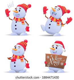 Set of cute Christmas snowmen.  Funny snow man in different costumes and in hat, scarf and mittens collection on white background. Merry Christmas design element. Vector illustration