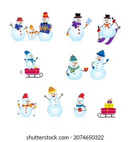 Set Cute christmas snowmen. Funny snow man wearing hat and scarf, snowmans with gifts and skis. flat vector illustrations. kids isolated cliparts pack.