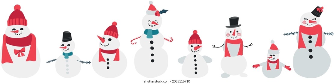 Set of cute Christmas snowmen in hats and scarves. Set of winter holidays snowman. Cheerful snowmen in different poses characters, flat vector cartoon isolated set.