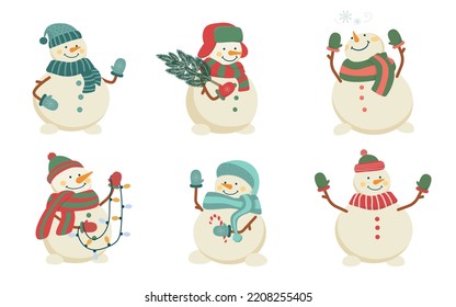 Set of cute Christmas snowmen in hats and scarves. Collection of funny characters. Isolated flat vector illustration.