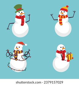 Set of cute christmas snowmen in hats and scarves. Snow men characters. Flat vector illustration isolated