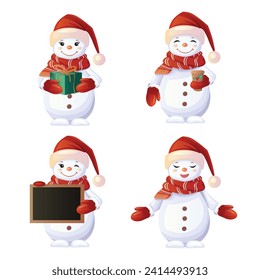 Set of cute christmas snowmen in hats and scarves. Snow men with gift, board,  and cup of coffee. Collection of cheerful characters. Flat vector illustration isolated on a white background