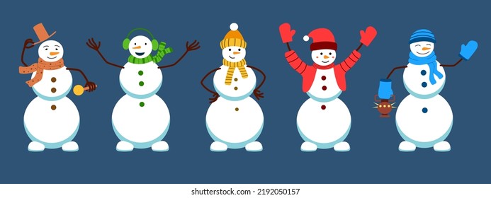 A set of cute Christmas snowmen in a scarf and hat. New Year illustration. Isolated Vector graphics in a flat, cartoon style