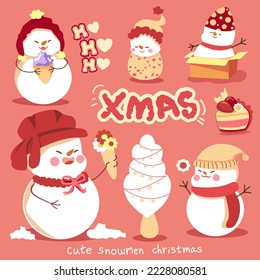 set of cute christmas snowmen. snowman with pink on white background. Merry christmas , winter ,Cartoon suitable for, print, sublimation, shirt, postcard, printable, stationery ,kids ,etc.