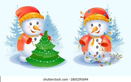 Set of cute Christmas snowmen with christmas tree. Winter elements activities for children. The collection of snowmen is winter-themed. Cheerful snowmen character. Vector illustration
