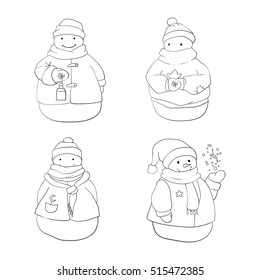 Set of cute christmas snowmen wearing winter clothes. Hand drawn vector illustration for coloring book.