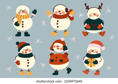 Set of cute christmas snowmens in warm hats, scarves, mittens. Cheerful snowmen in different costumes with gift, deer horns and legs in boots. Winter holidays snow men. Merry Xmas. Flat vector.