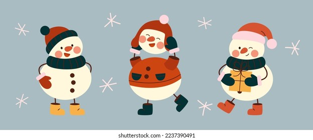 Set of cute christmas snowmens in warm hats, scarves, mittens. Cheerful snowmen in different costumes with gift and legs in boots. Winter holidays snow men. Merry Xmas. Flat vector.