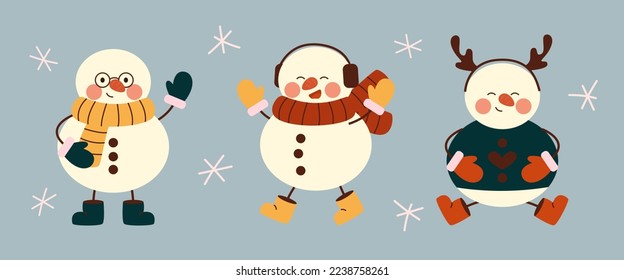 Set of cute christmas snowmens in warm hats, scarves, mittens. Cheerful snowmen in different costumes with glasses, deer horns and legs in boots. Winter holidays snow men. Merry Xmas. Flat vector.