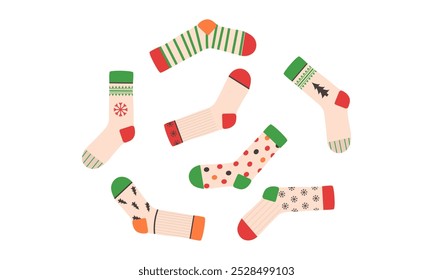 Set of cute Christmas socks. Various winter socks with different patterns, isolated on a white background.