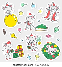 Set of cute christmas stickers. Illustration of little mouse in Santa Claus costume enoying winter holidays. Vector 8 EPS