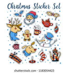 Set of cute Christmas stickers with Santa, deer, snowman, dog and Xmas decorations, colorful vector illustration isolated on white background. Cute, funny set of stickers with Christmas characters