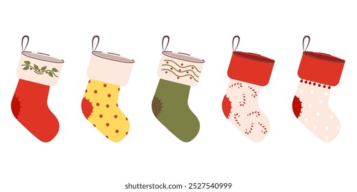 A set of cute Christmas stockings for gifts. A winter collection of red, green, socks with Christmas trees, snowflakes, candies.